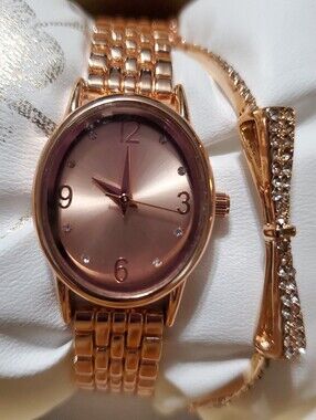 Folio 2pc 23mm Oval Watch & Bow Bracelet Set Alloy Case, Rose Gold